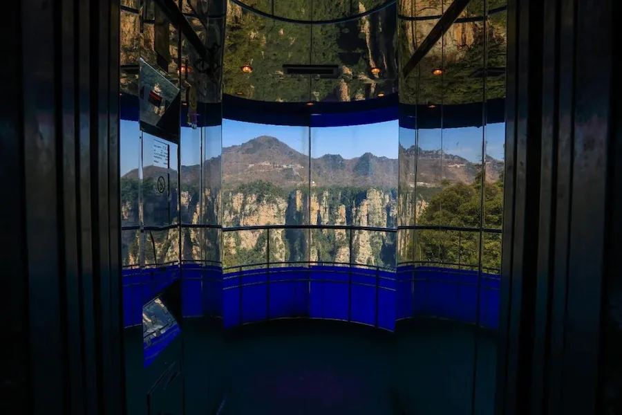 The internal view of the Bailong Ladder in Zhangjiajie