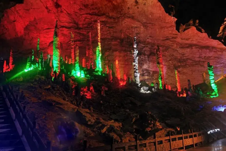 Colorful stalagmites in Huanglong Cave in Zhangjiajie