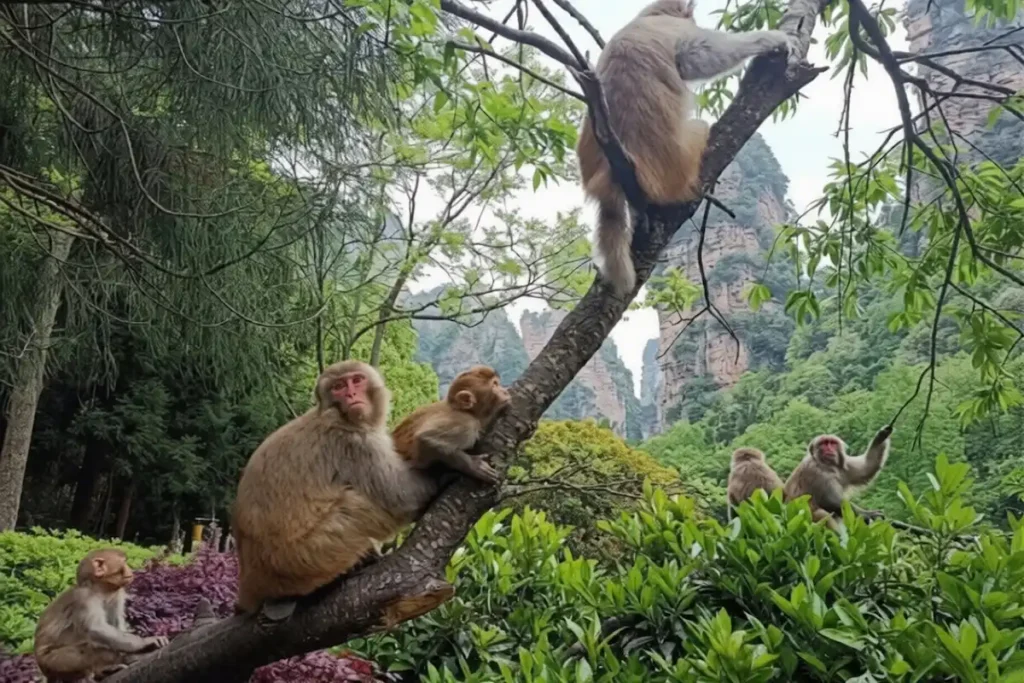Wild monkey in Zhangjiajie National Forest Park