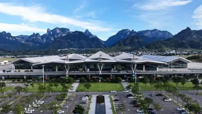 Zhangjiajie airport terminal with mountains