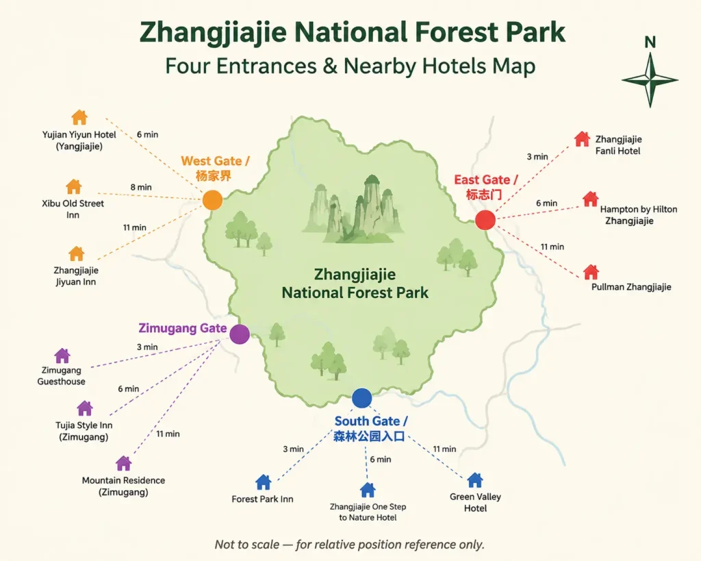 Zhangjiajie national forest park hotels near four main gates walking distance map