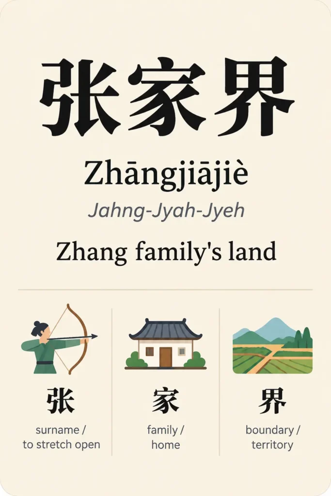 Zhangjiajie in Chinese 张家界 characters, pinyin, and meaning card