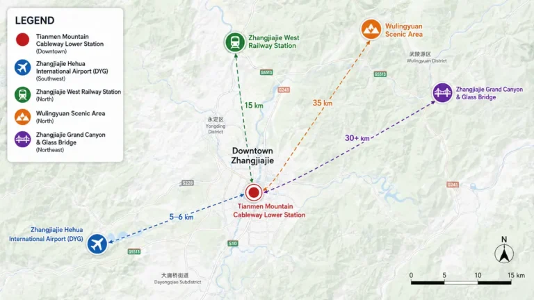 Zhangjiajie map showing downtown, Wulingyuan and Grand Canyon positions