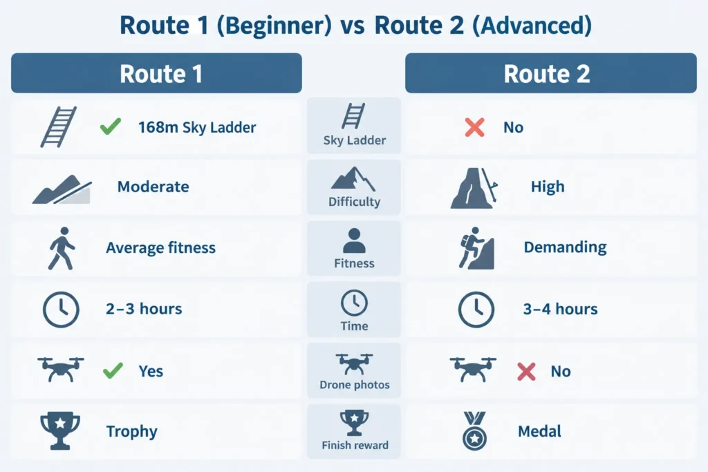 Route 1 vs Route 2 Qixing Mountain via ferrata comparison